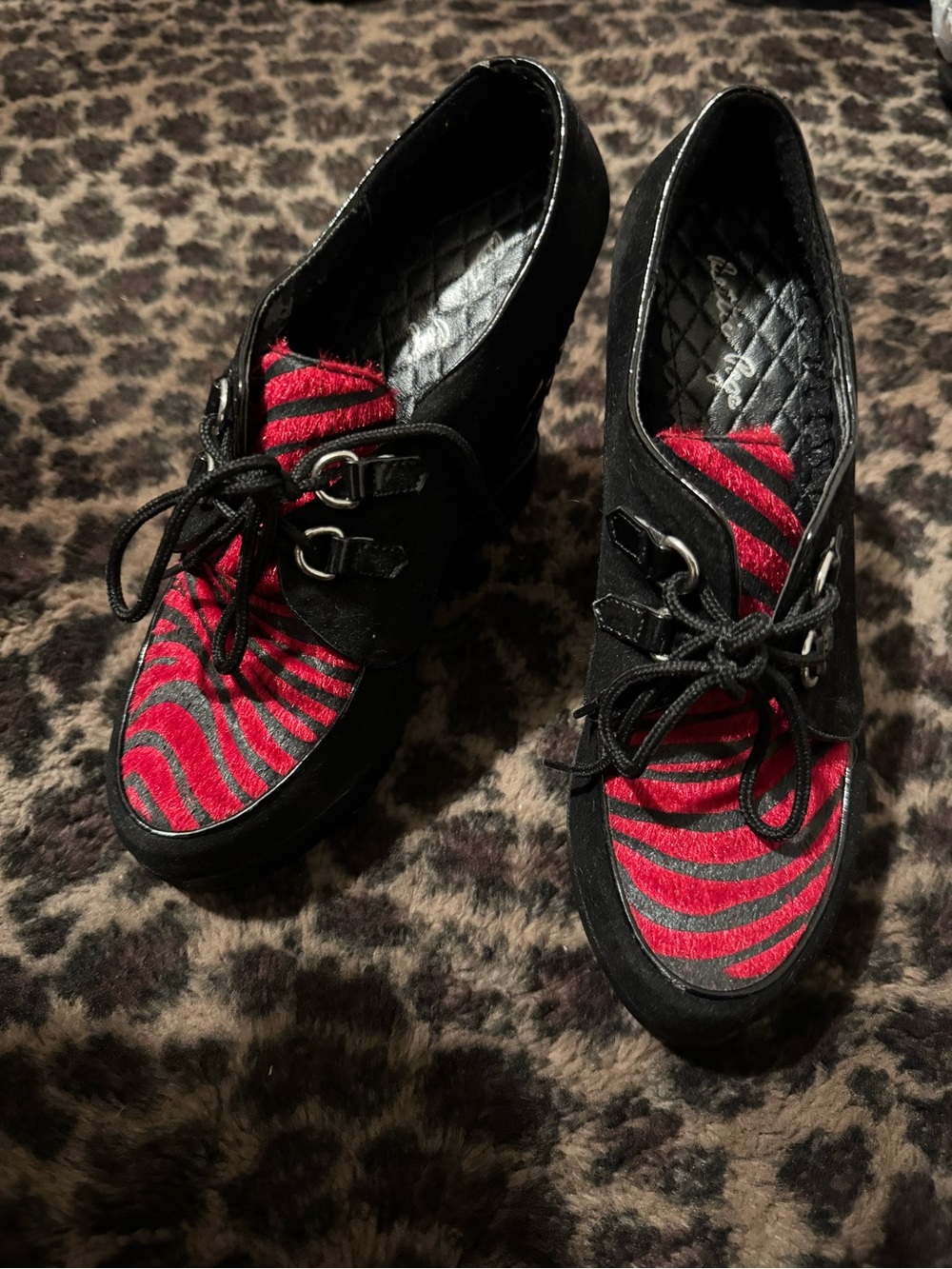 Bettie Page Black Lace-Up Boots with Red Zebra Accent
